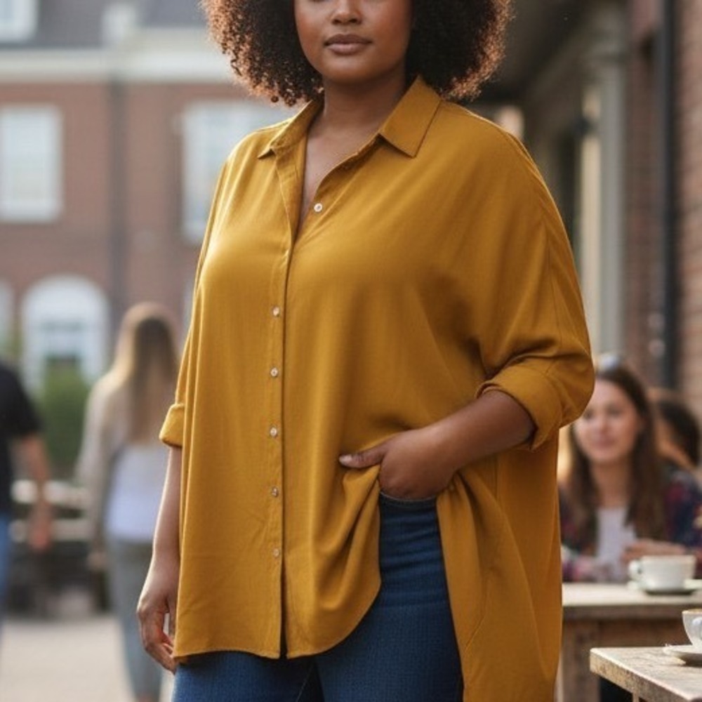 Cato Mustard Yellow Ruched Sleeve Button Down Tunic Shirt 18/20W